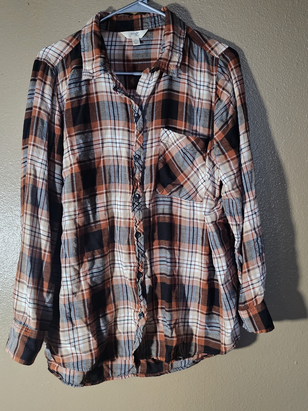 Terra & Sky Plaid Button-Down Shirt Women's Size 1X in Rust, Black & White
